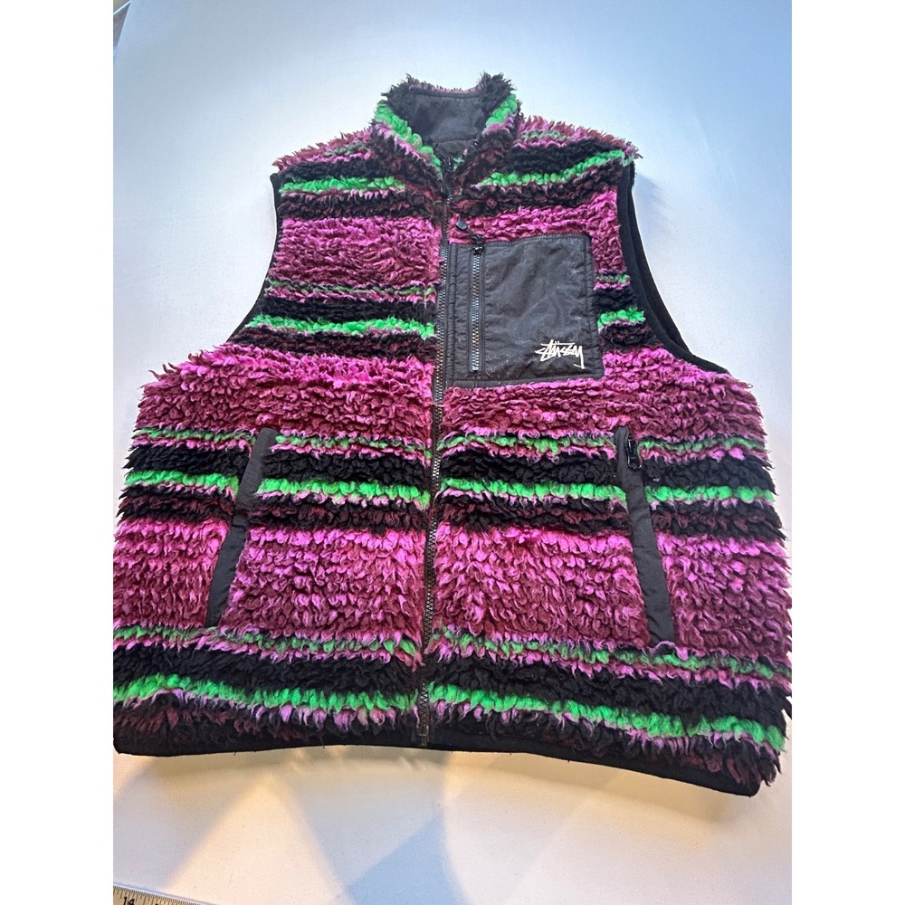 Stussy Fleece Vest Mens Small Purple Striped Sherpa Full Zip Mock Neck 118468